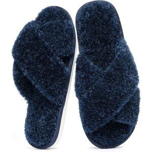 Women's Cherry Velvet Navy Fuzzy Cross Band Memory Foam Open-Toe House Slippers